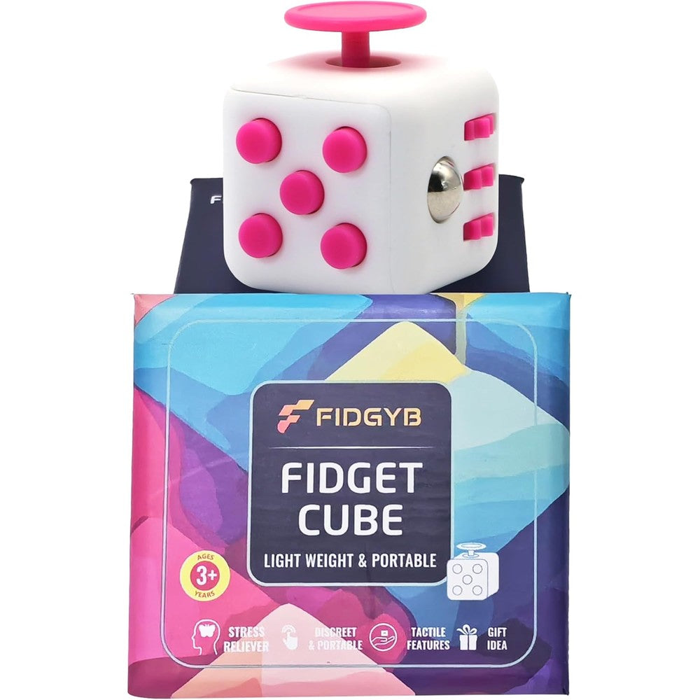FIDGYB fidget cube stress relief sensory toy front view highlighting white and pink color scheme