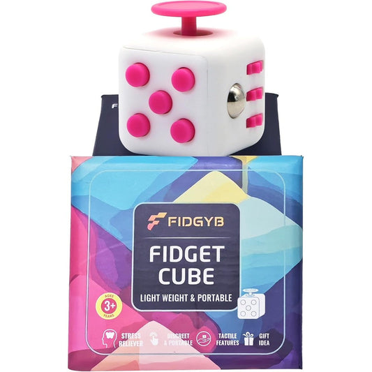 FIDGYB fidget cube stress relief sensory toy front view highlighting white and pink color scheme