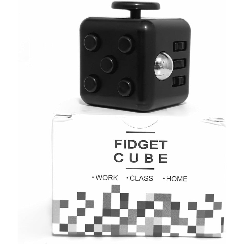 Rudra Retails premium hand fidget cube front view showing the midnight black matte finish and clickable buttons.