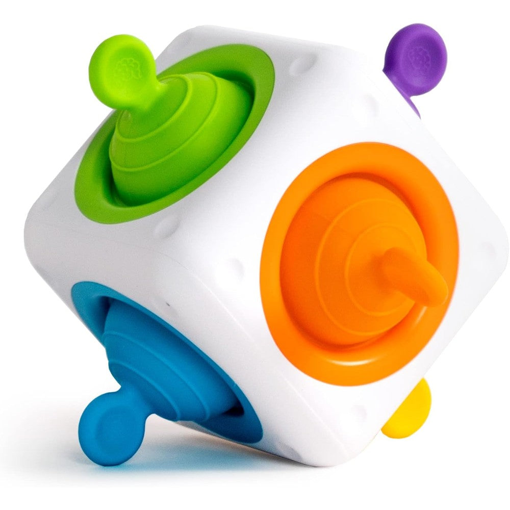 Fat Brain Toys Tugl Cube front view showing white rounded structure with soft blue silicone bubble pull tabs