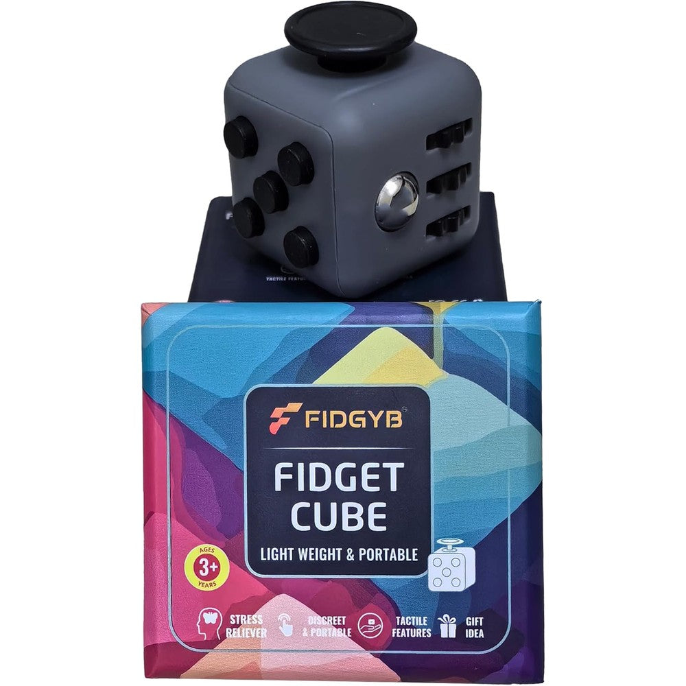 FIDGYB Cube Fidget Stress Relief Toy front view showcasing multiple tactile sides for anxiety management.