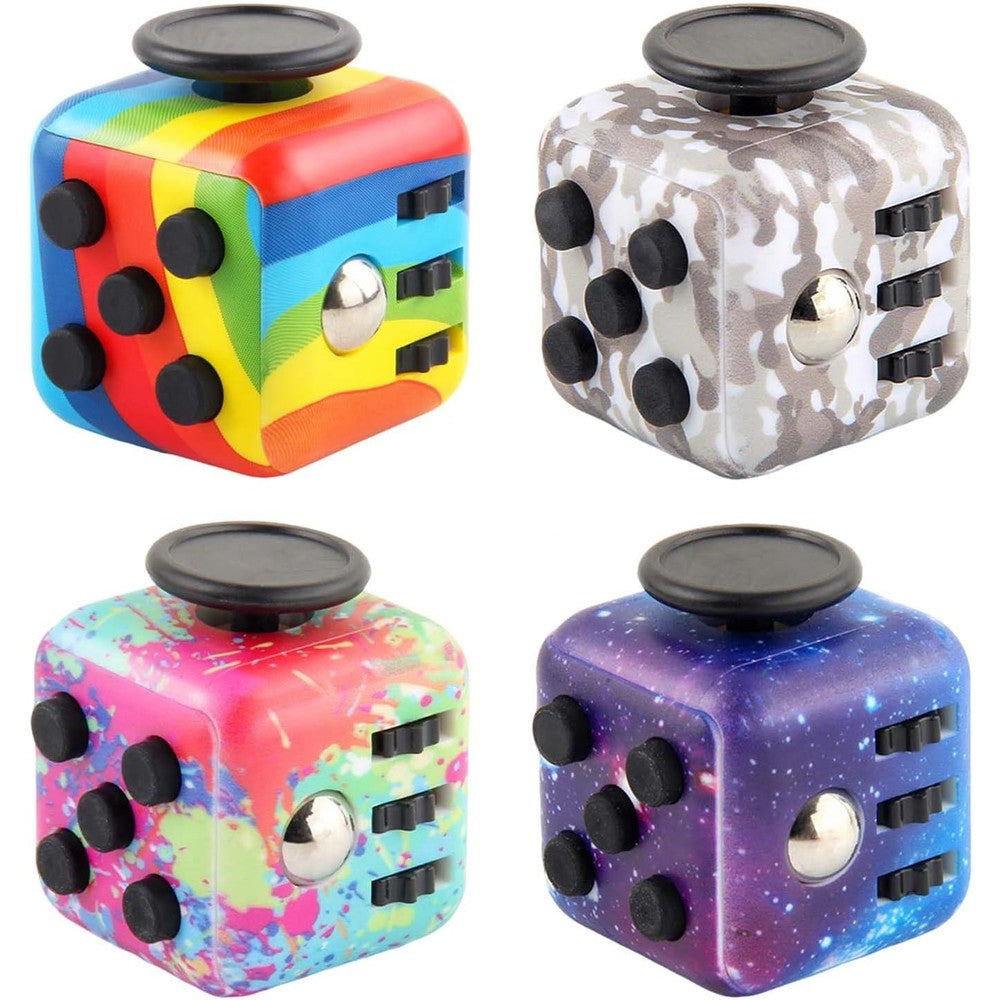 RE:BLEU Fidget Cube for adults premium four pack set front view showing vibrant rainbow multi-colored sides.