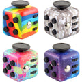 RE:BLEU Fidget Cube for adults premium four pack set front view showing vibrant rainbow multi-colored sides.