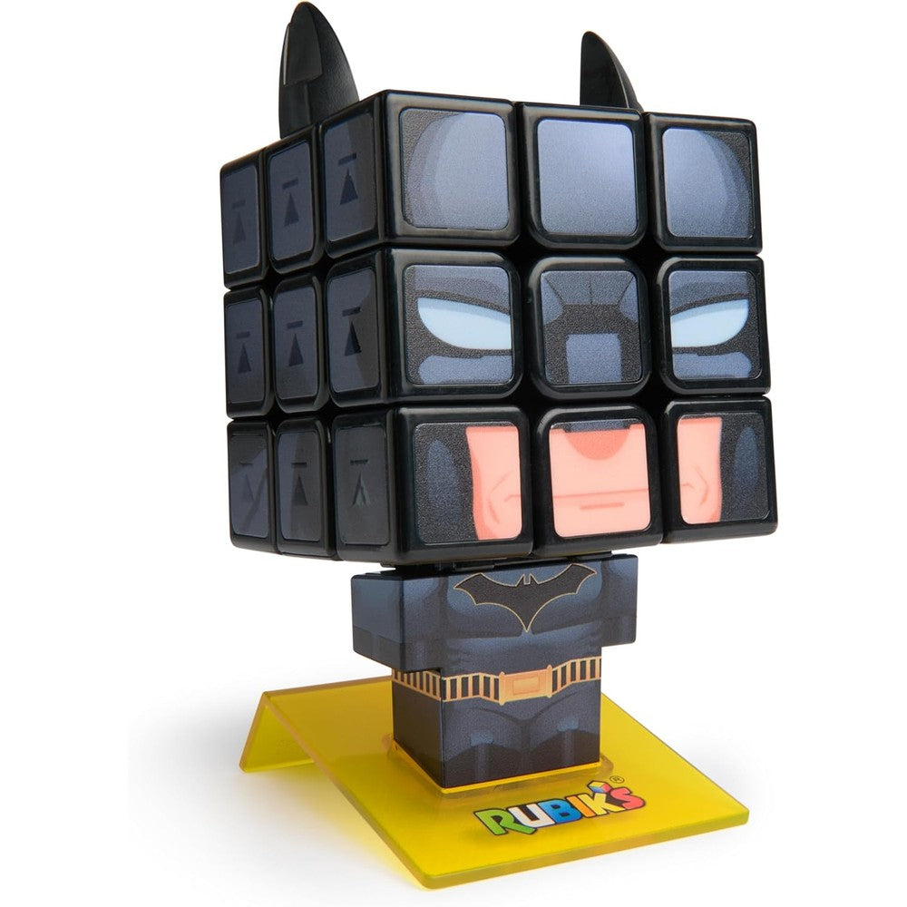 Rubik's Cube Batman Cuber front view showing the solved character face on a desk stand.