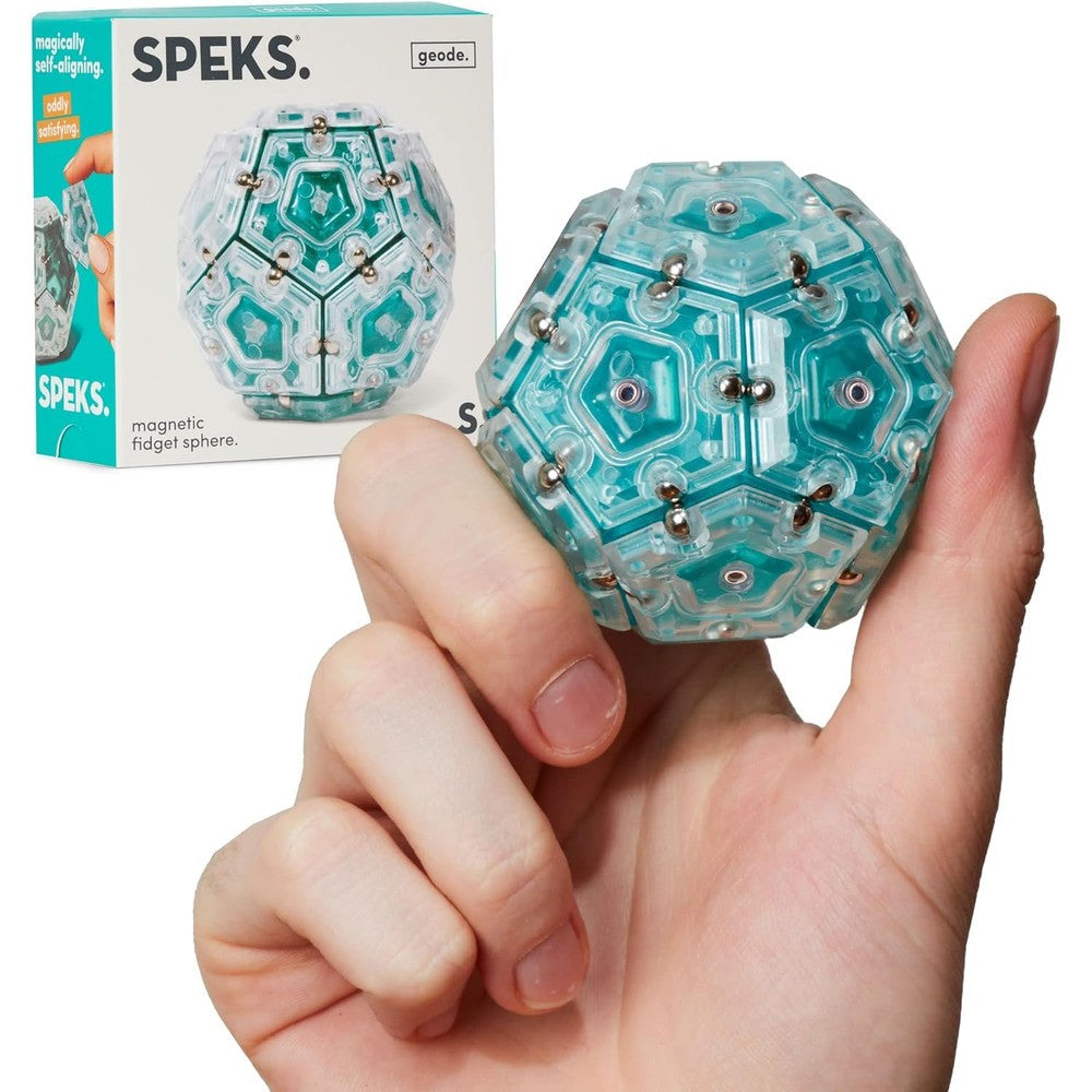 Speks Geode magnetic fidget toy front view showcasing the assembled aqua sphere on an office desk.