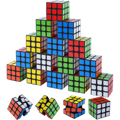Minntoy mini cube puzzles twenty four pack arranged neatly in a front view showcasing the classic bright colors.