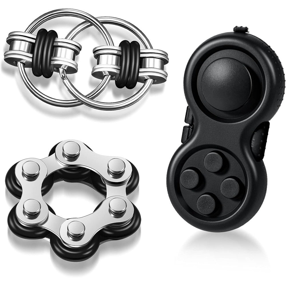 Gejoy 3 Piece Fidget Toys Adults Set front view featuring black controller pad and metal chains