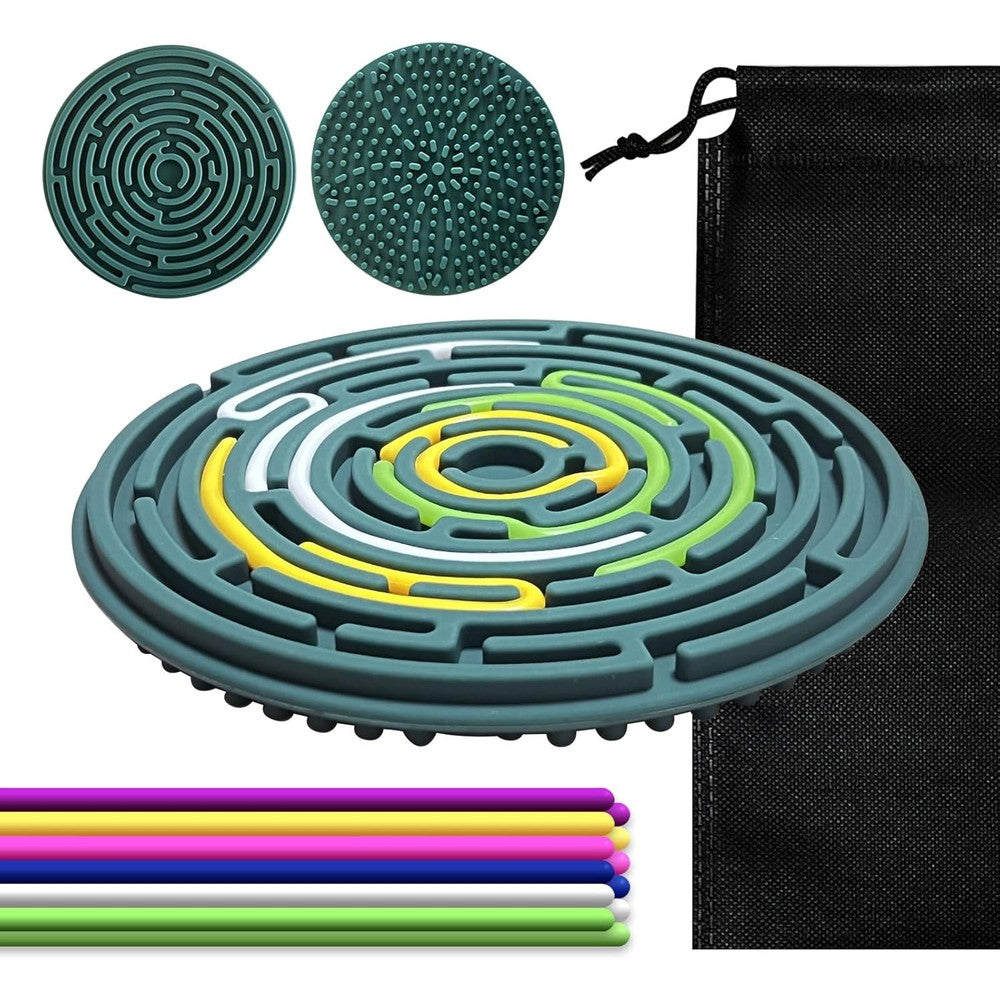 YANCIN sensory activity board green silicone front view showing threading maze pattern