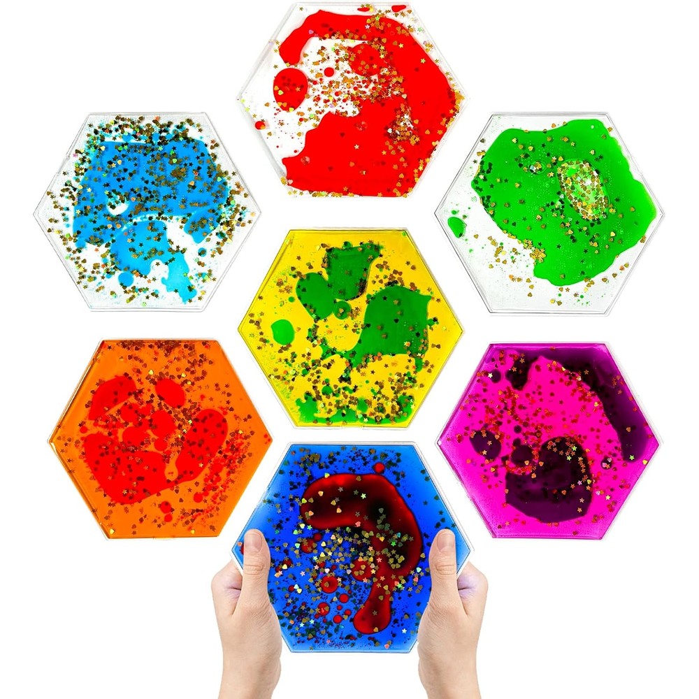 Jumble Dream Jumble Comb Hexagon Liquid Motion Sensory Fidget Toys front view pack of seven colorful mats for autism support.
