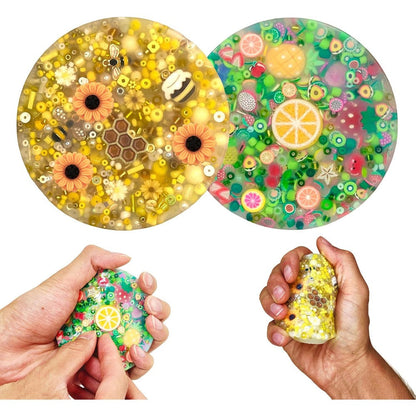 Generic Picky Pad two pieces front view featuring bee and fruit themed silicone sensory circles.
