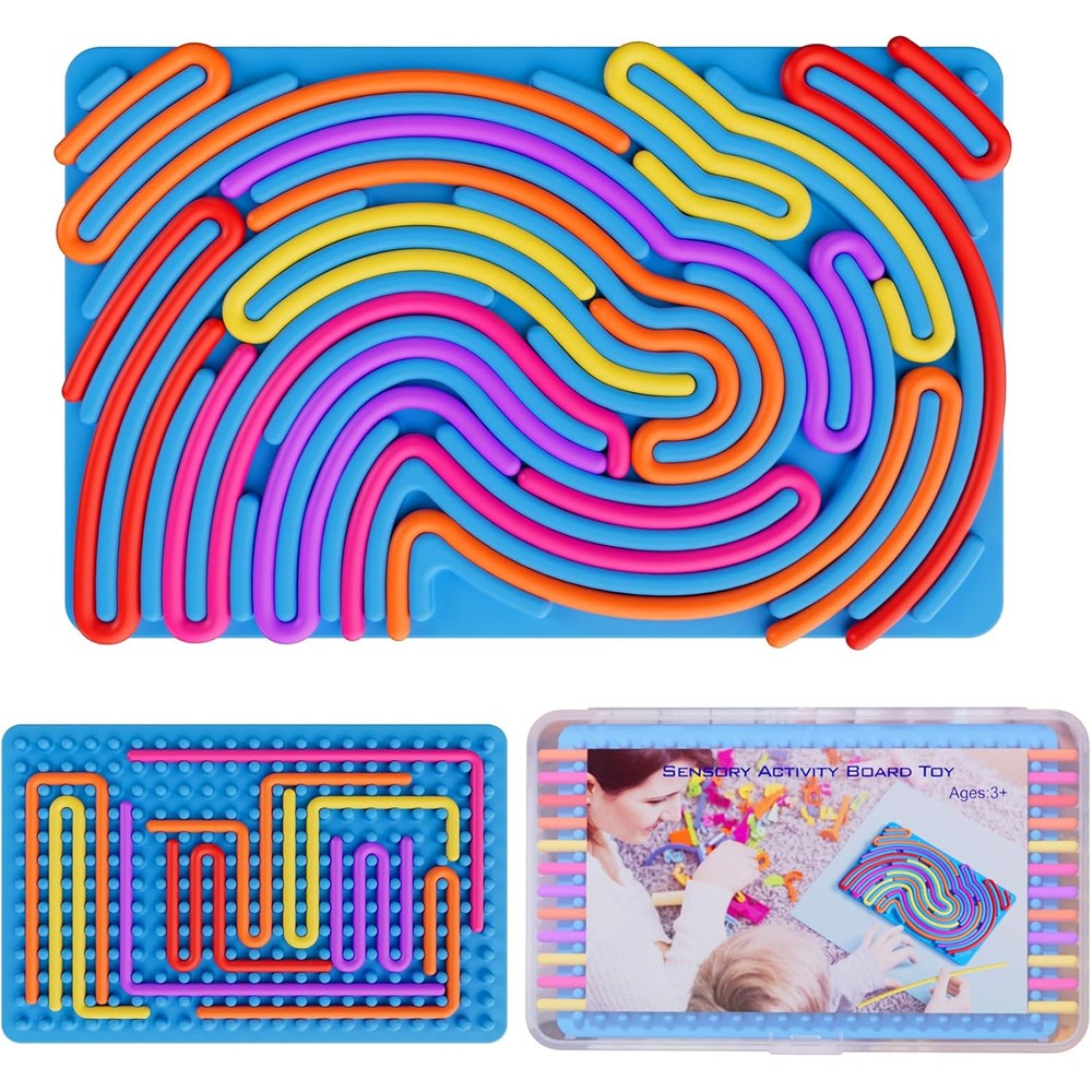 Spkwis silicone sensory activity board front view showcasing the intricate maze channel design with colorful strings woven inside.