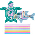 Jet Lag sensory activity board front view showing fish and turtle shapes with colorful strings.