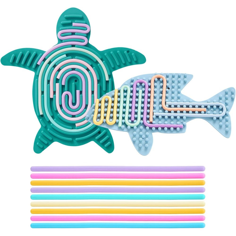 Jet Lag sensory activity board front view showing fish and turtle shapes with colorful strings.
