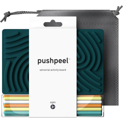 Pushpeel sensory activity board showcasing the front view with colorful silicone strings inserted into the grooved grid layout