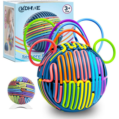KIDHABE sensory activity ball front view showing colorful silicone strings on the sphere