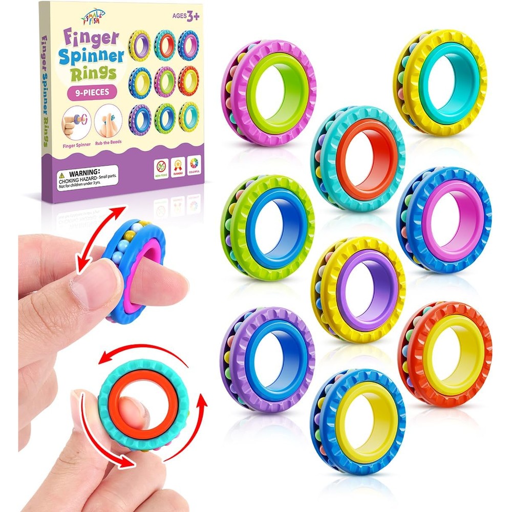 Small Fish sensory fidget rings 9 pack front view showing colorful textured finger spinner toys.