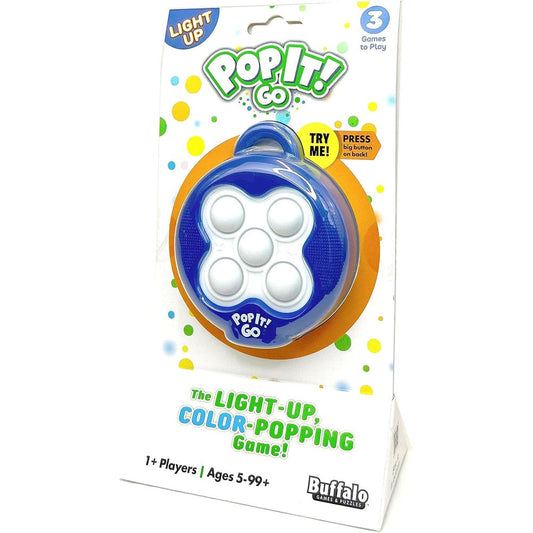 Buffalo Games Pop It Go front view of electronic light up bubble popping game toy.