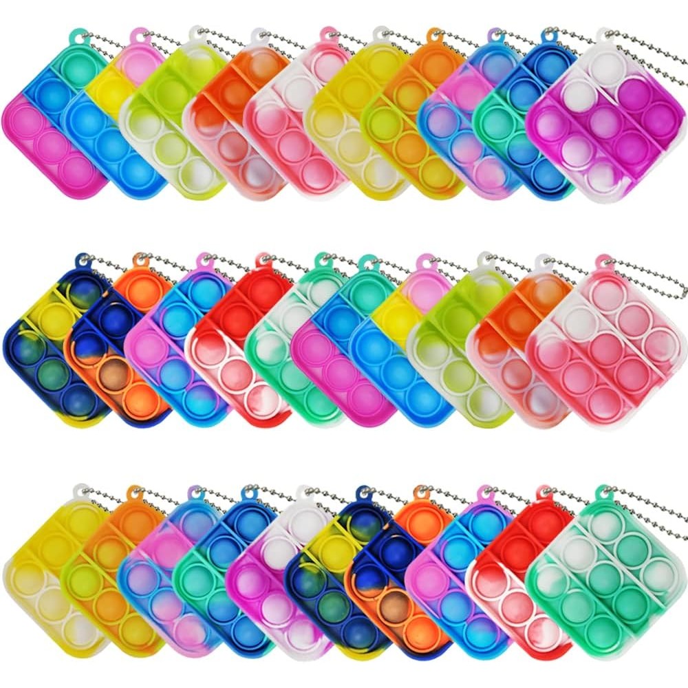 Clanam mini pop bubble fidget toys thirty pieces pack front view colorful silicone popper keychains