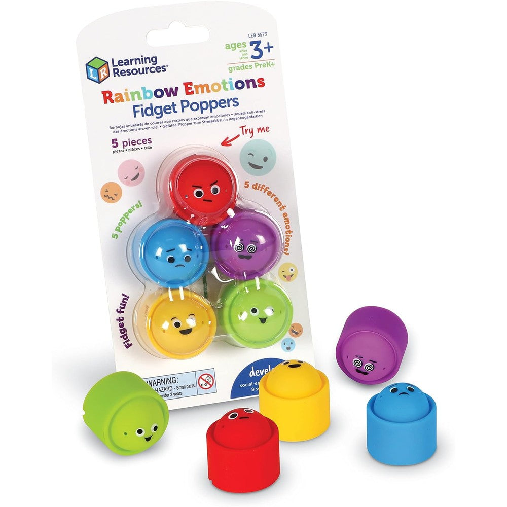 Learning Resources Rainbow Emotion Fidget Poppers front view of five colorful silicone sensory toys showing expressive emoji faces