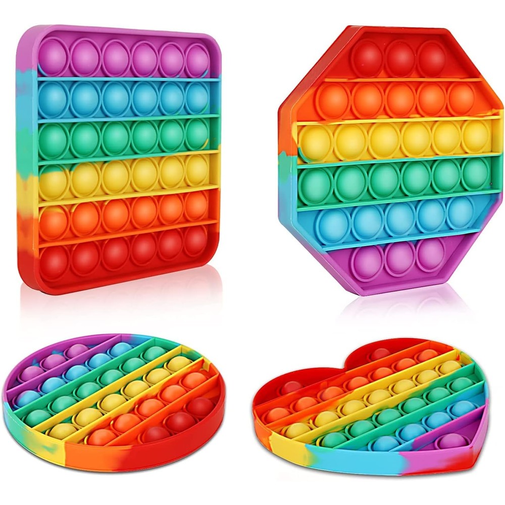 Multipurpose Go Rainbow Pop It Fidget Toy four pack front view showing vibrant silicone shapes.
