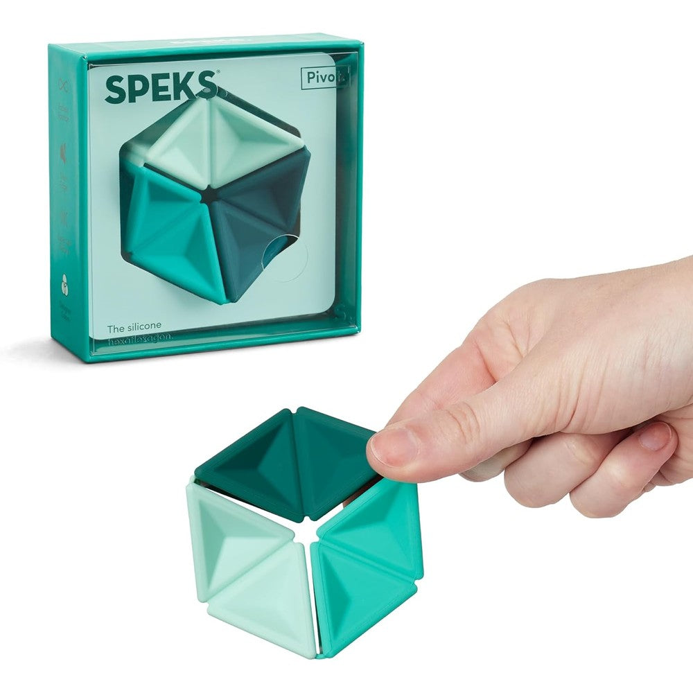 Speks Pivot silicone flexagon fidget toy in teal color front view