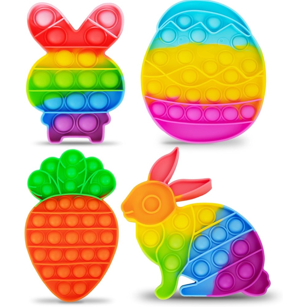 ArtCreativity Easter Pop Its four pack front view showing colorful silicone egg carrot and bunny toys