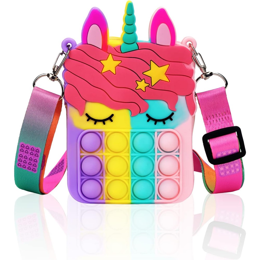 Civan unicorn pop it purse front view showing rainbow colored silicone bubbles
