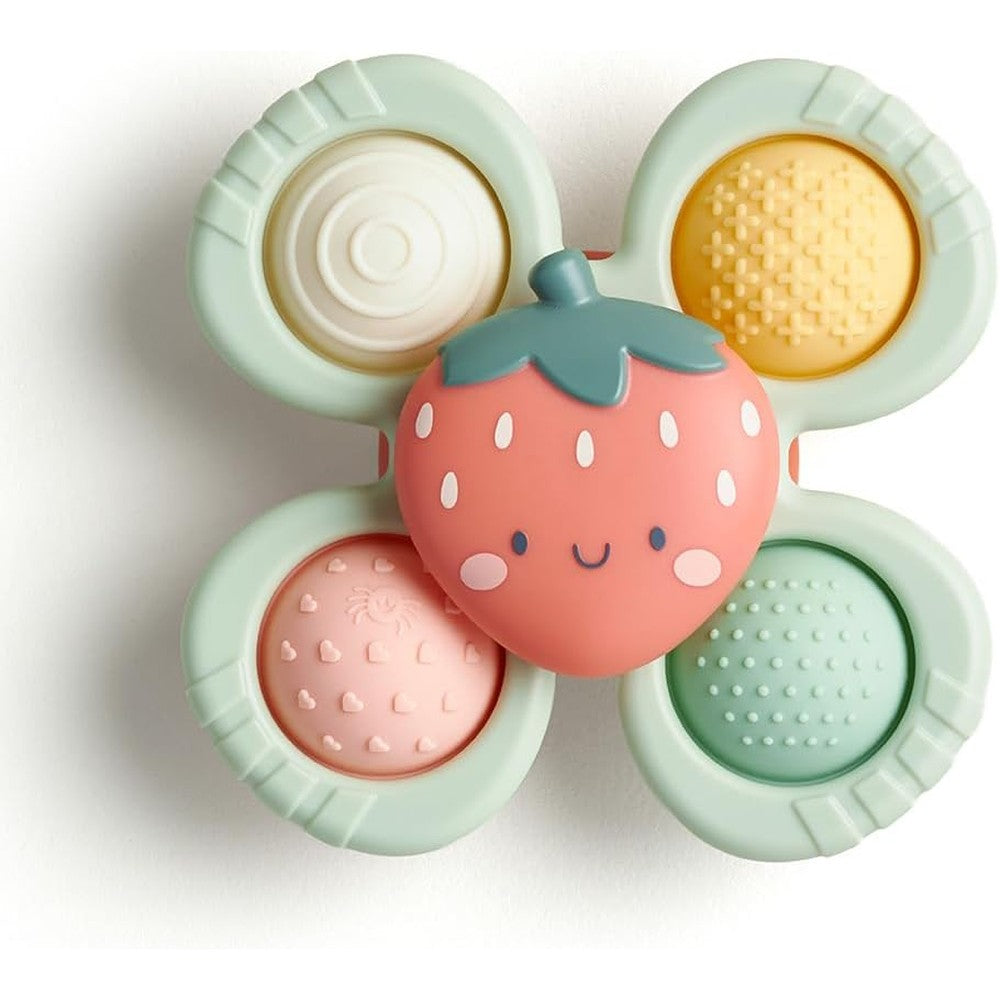 Itzy Ritzy Pop And Whirl baby fidget spinner toy front view in strawberry red color showcasing four silicone poppers.