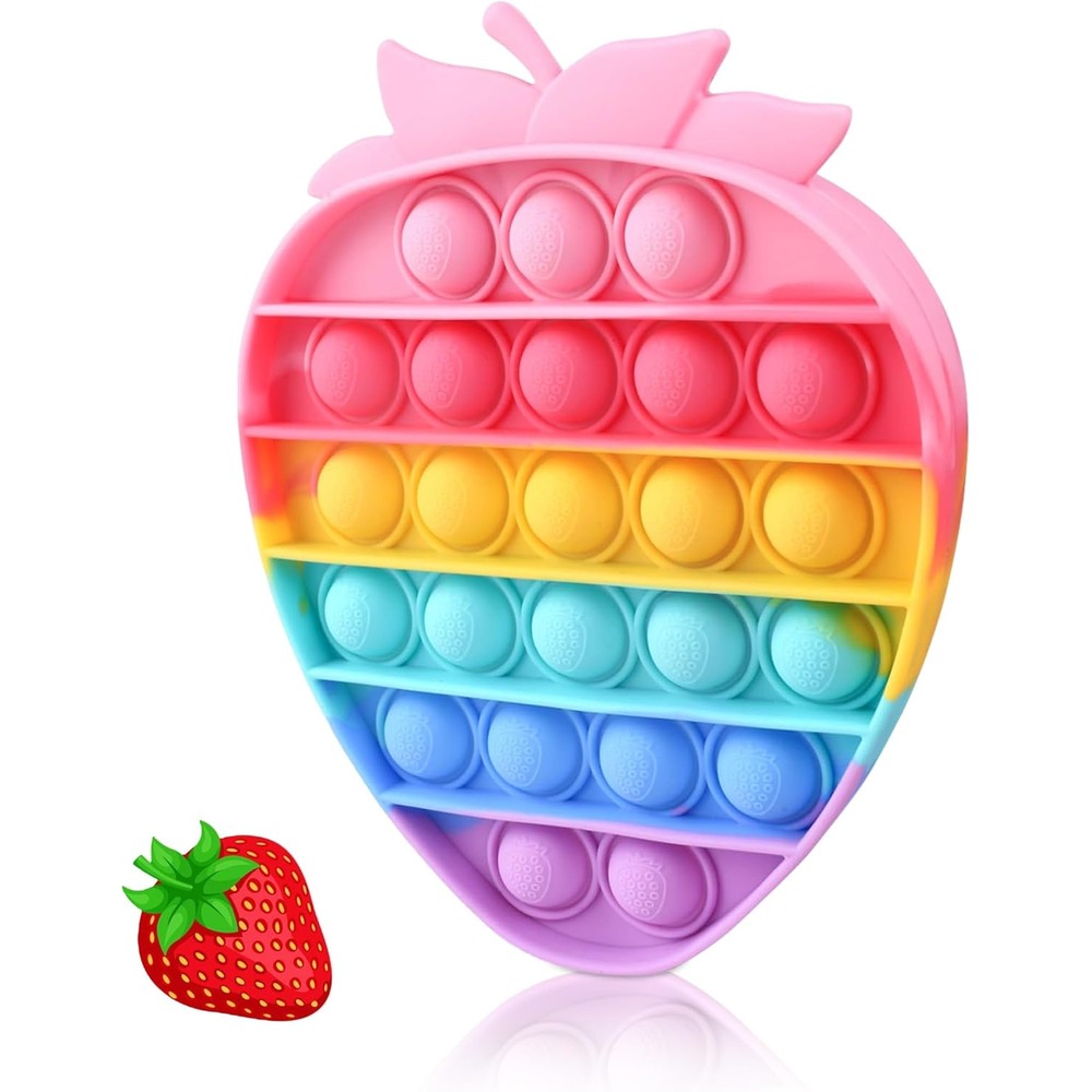 BONIRY strawberry push pop bubble fidget toy front view showing vibrant rainbow colored silicone design.