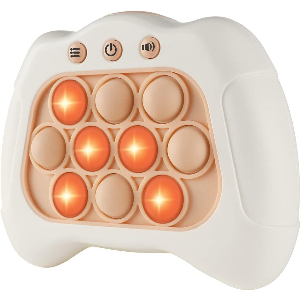 Intoypad Pop The Target handheld speed pushing game machine front view showing white ergonomic controller with red silicone bubbles.
