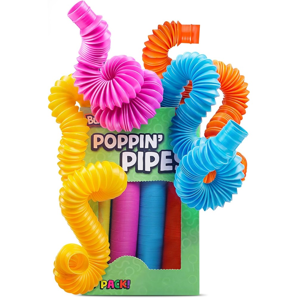 BUNMO Pop Tubes Sensory Toy front view package showing four colorful large expandable plastic fidget pipes.