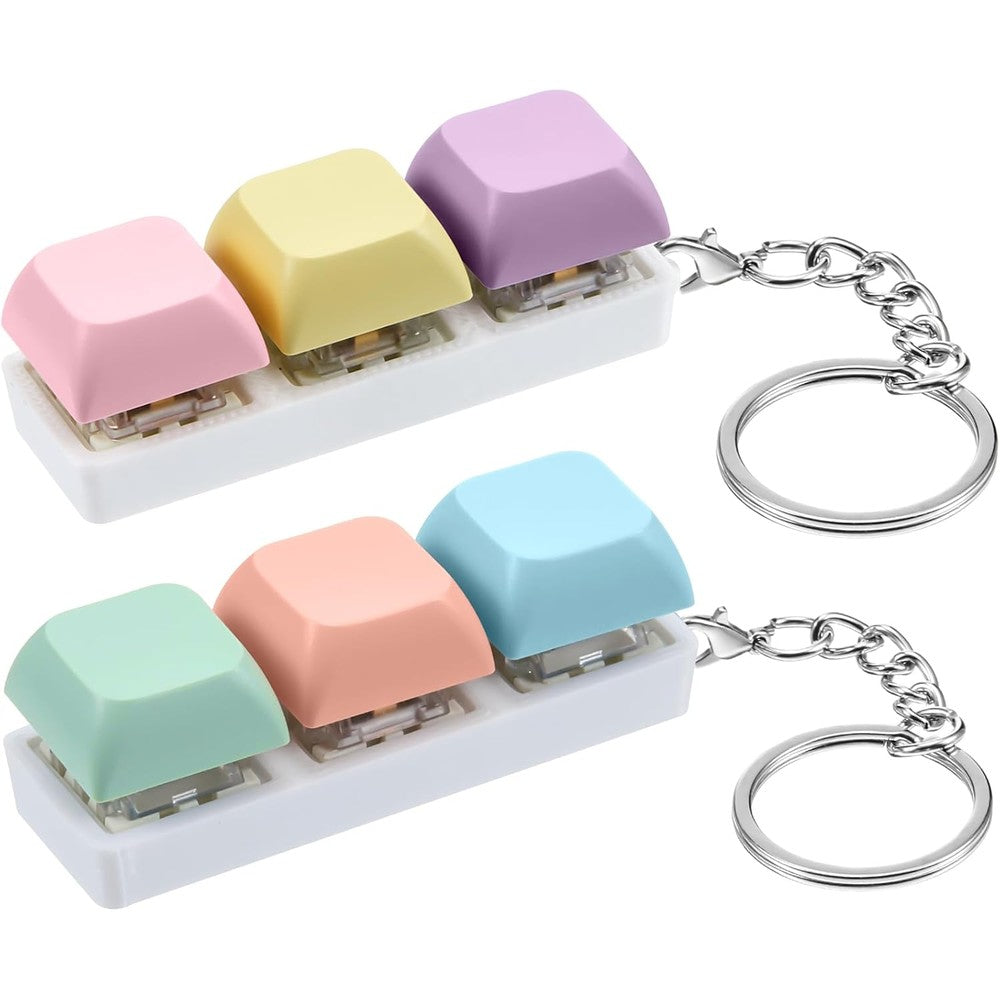 Taiyin keyboard fidget keychain front view showing colorful macaron keycaps and attached lanyard attachment