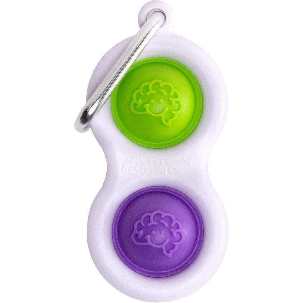 Fat Brain Toys Simpl Dimpl Purple and Lime fidget keychain front view showing silicone buttons.