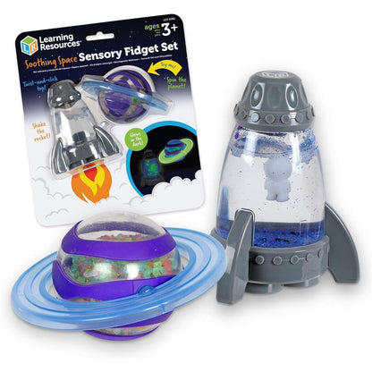 Learning Resources Soothing Space Sensory Fidget Set front view showing the rocket and planet toys.