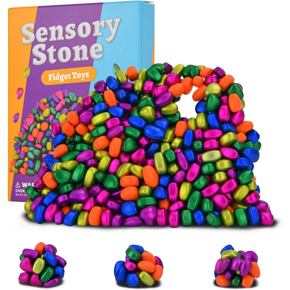 Aukit 550 piece adult fidget toys front view showcasing six vibrant colors of smooth ferrite stones in a neat arrangement.