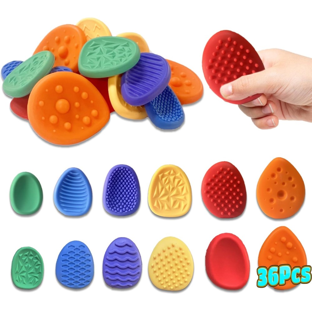 KLT 36 Piece Color Random Fidget Toys Sensory Stone front view showing colorful textured silicone worry stones.