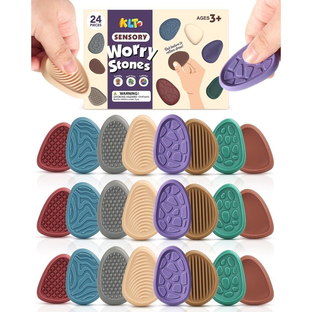KLT fidget toys adults sensory stone 24 pack front view displaying diverse colors and textures.