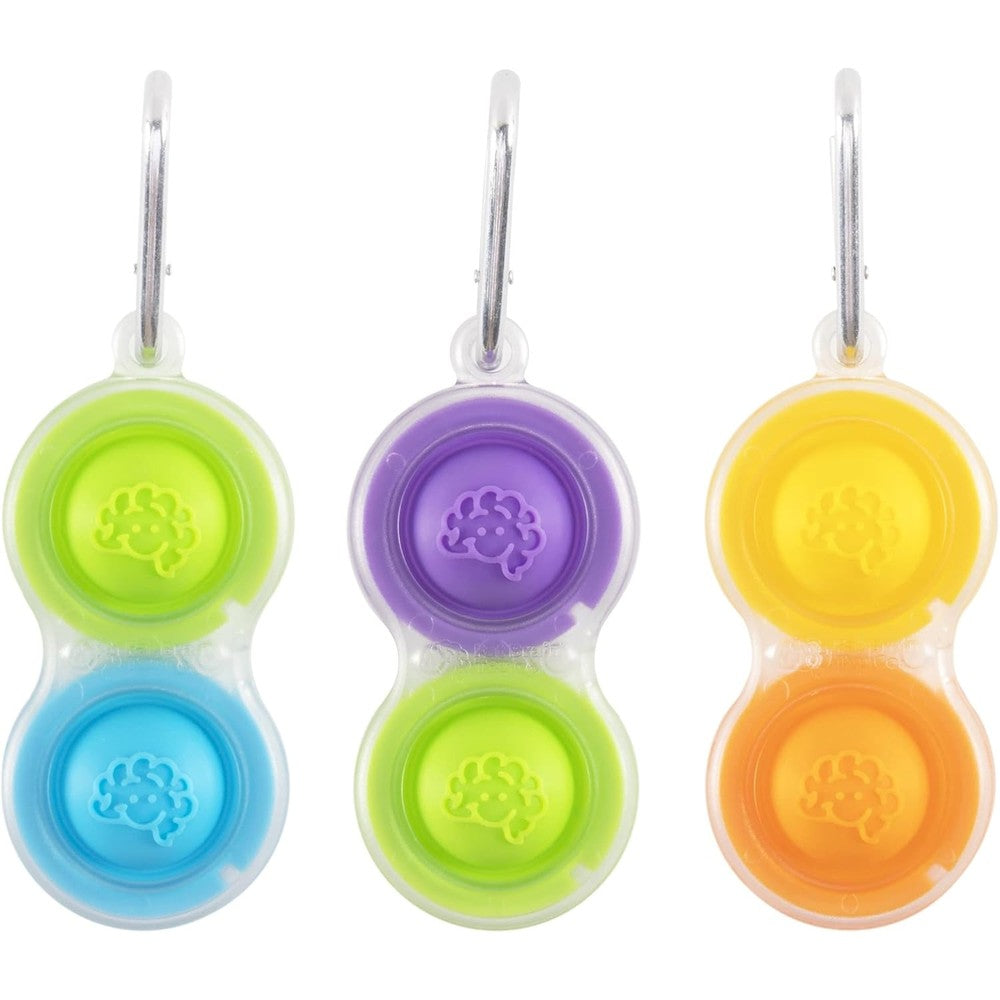 Fat Brain Toys Simpl Dimpl Clear Three Pack front view showing transparent frames and vibrant silicone bubbles.