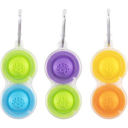 Fat Brain Toys Simpl Dimpl Clear Three Pack front view showing transparent frames and vibrant silicone bubbles.