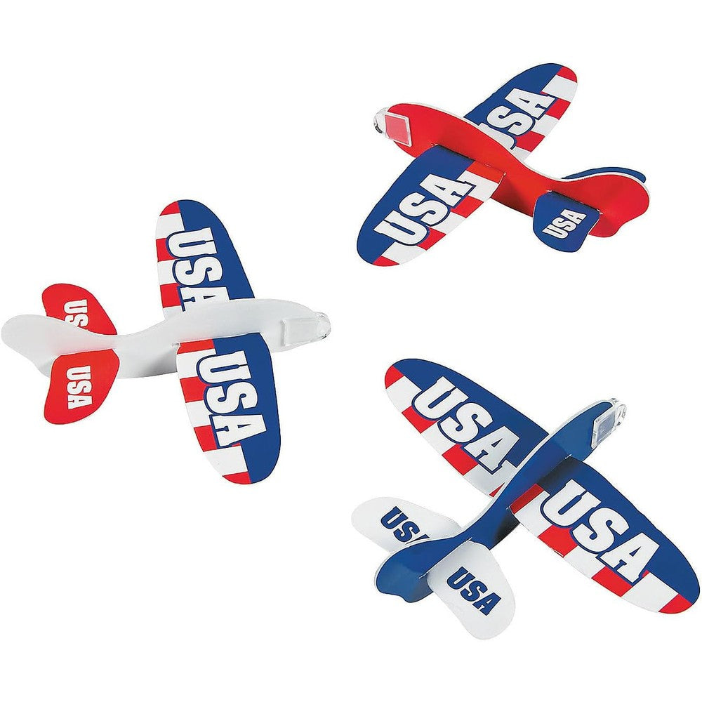 Fun Express USA Foam Gliders forty eight pack front view of patriotic red white and blue space shuttle toy airplanes