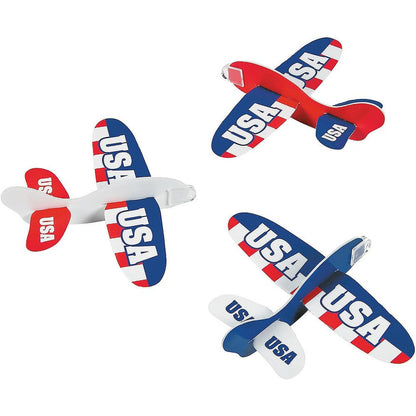 Fun Express USA Foam Gliders forty eight pack front view of patriotic red white and blue space shuttle toy airplanes