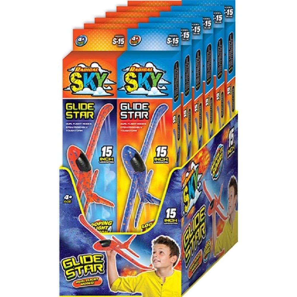 JA-RU Radical Sky Foam Glider front view showing the fifteen inch wingspan and assorted color assembly components
