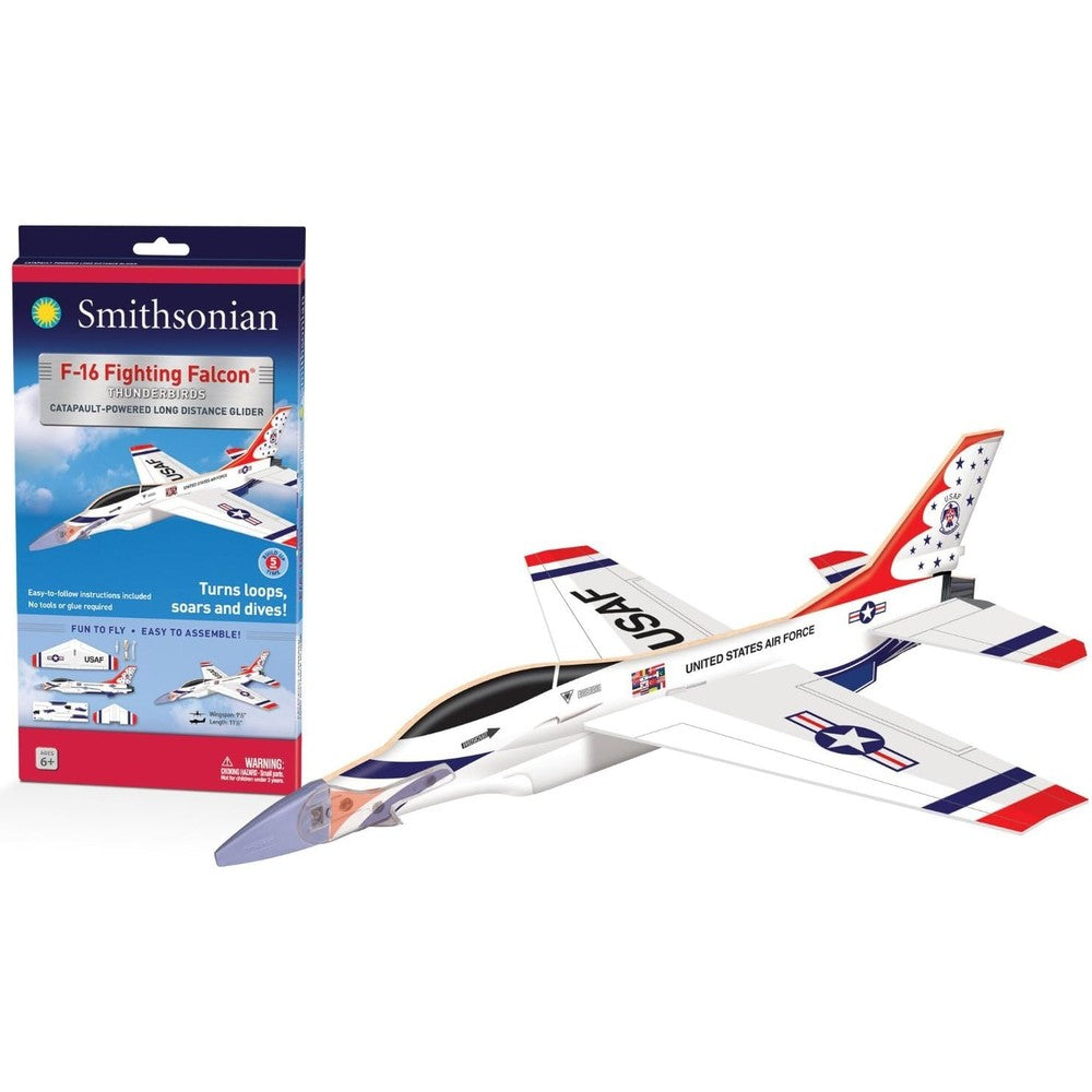 Smithsonian Glider F-16 Thunderbirds kit assembled front view showing authentic red white and blue graphics