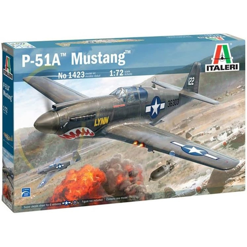 Italeri P-51A Mustang 1:72 scale model kit retail box front view showing historical airplane artwork.