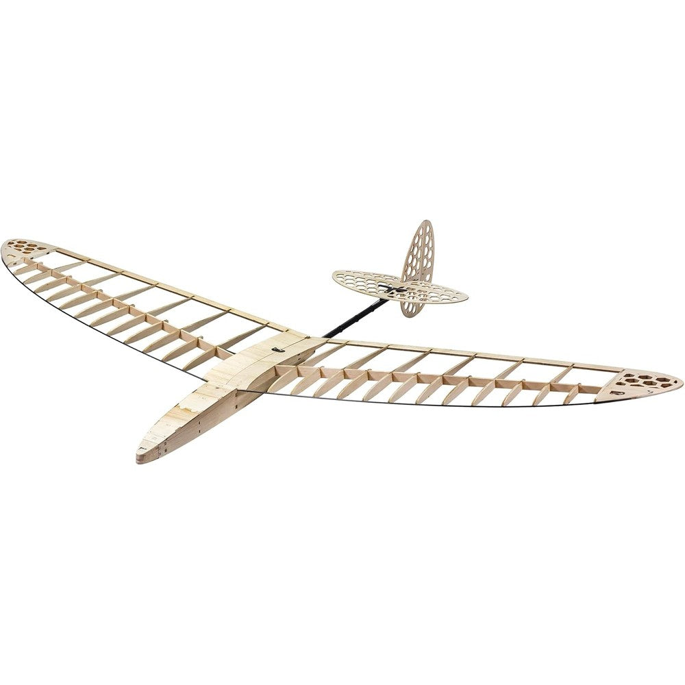 Quolefly balsa hand launch glider front view showing one point two meter wingspan kit.