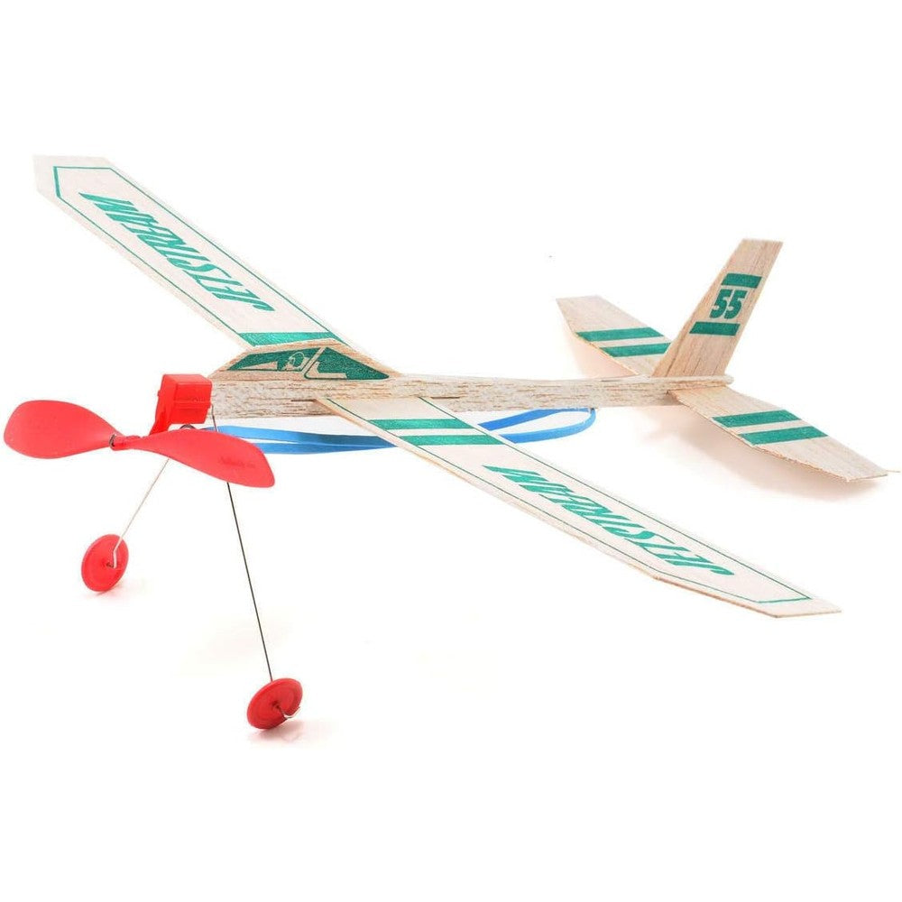 Kygon Guillows Jetstream balsa wood glider airplane toy front view showing red propeller and wheels.