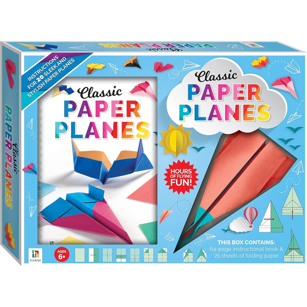 Hinkler Classic Paper Planes Kit front view showing the instructional book and colorful sheets
