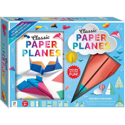 Hinkler Classic Paper Planes Kit front view showing the instructional book and colorful sheets