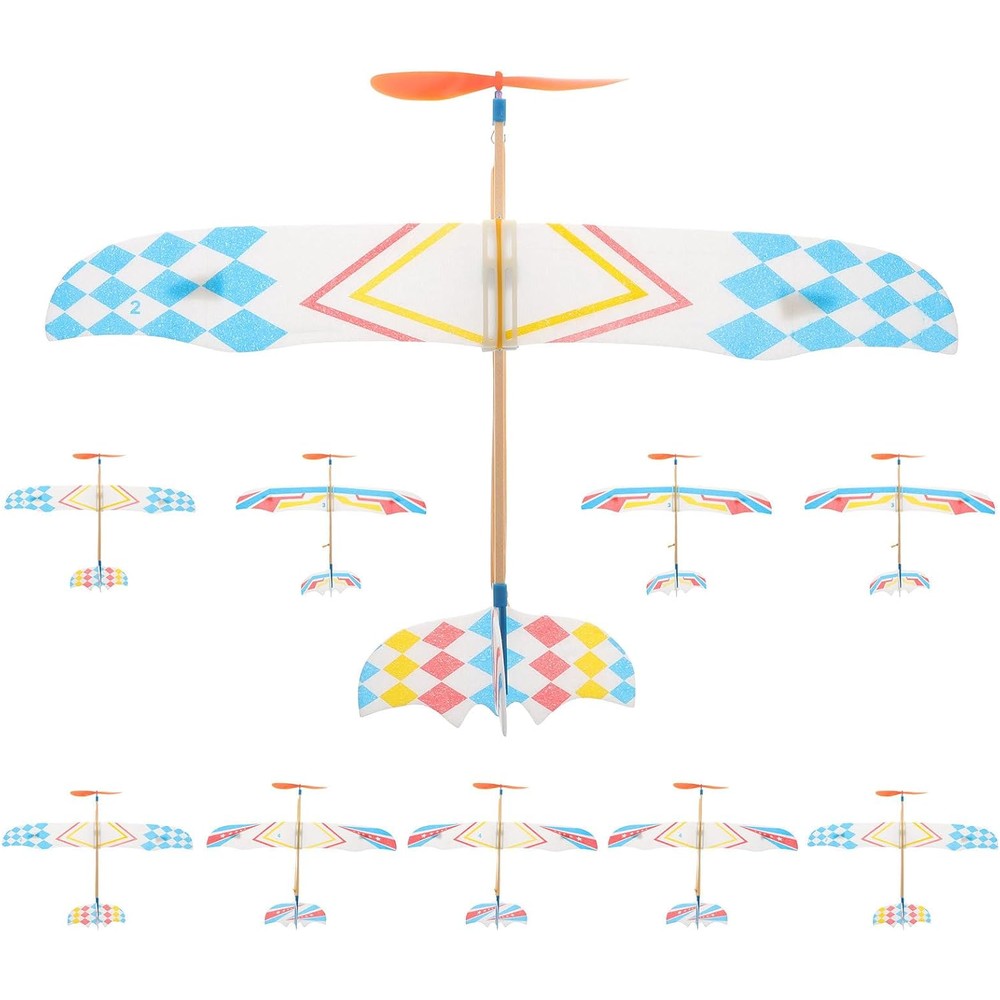 Toyvian rubberband powered airplane kits front view showing colorful foam glider planes.