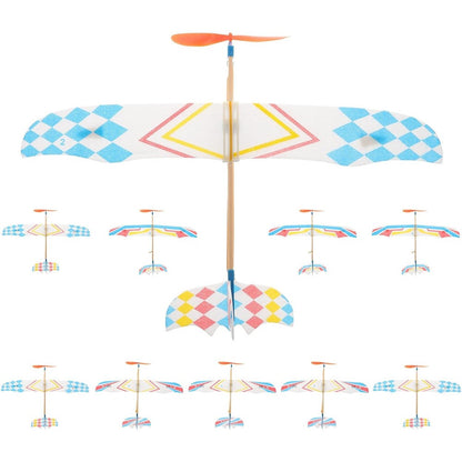 Toyvian rubberband powered airplane kits front view showing colorful foam glider planes.